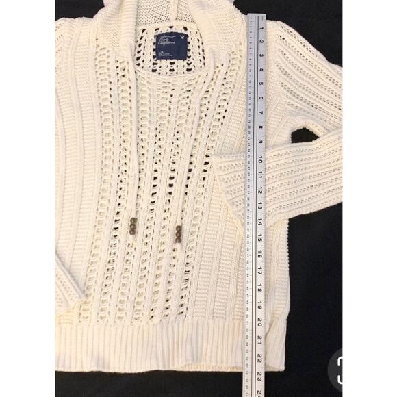 American Eagle Womens Sweater Large Cream Hooded Open Cable Knit Crochet Hoodie - Picture 7 of 11